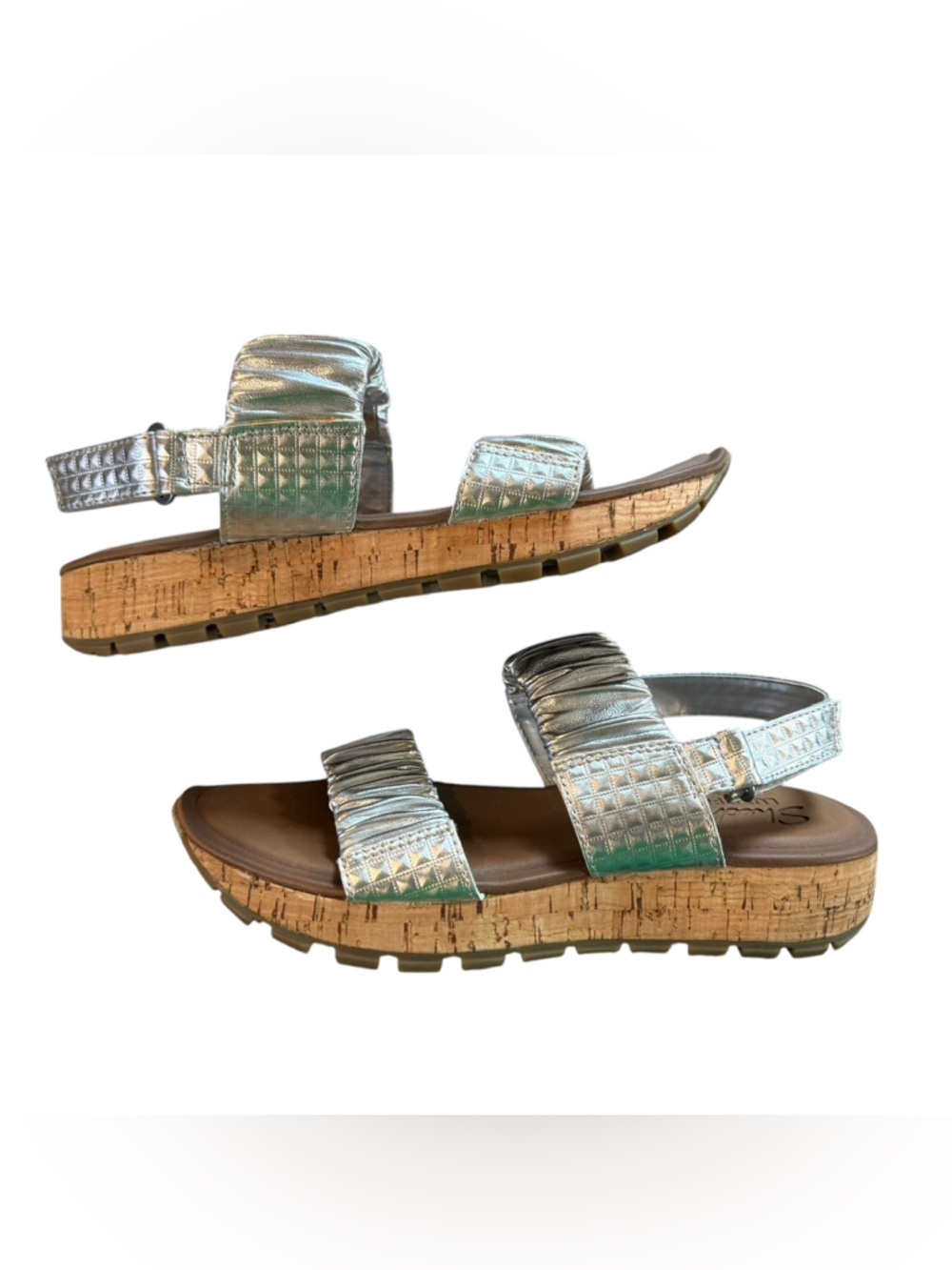 Skechers Luxe Foam Metallic Silver Ruched Woman's Cork Wedge Sandals Size 7 - Picture 6 of 9